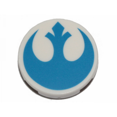 white tile round 2 x 2 with bottom stud holder with blue sw rebel alliance symbol pattern