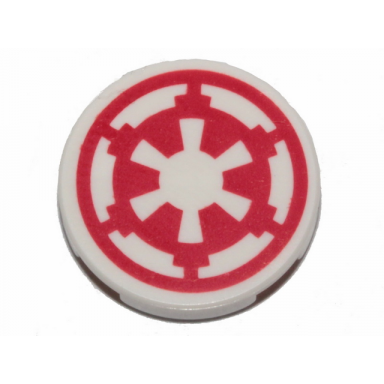 white tile round 2 x 2 with bottom stud holder with red sw imperial logo pattern