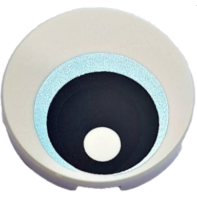 white tile round 2 x 2 with bottom stud holder with eye with metallic light blue iris and black pupil pattern