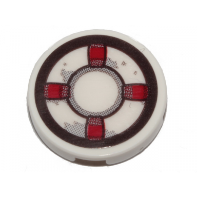white tile round 2 x 2 with bottom stud holder with dark red and white life preserver gray stains pattern sticker - set 70419