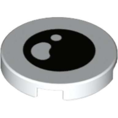 white tile round 2 x 2 with bottom stud holder with black eye with white kidney shaped pupil and small white circle pattern