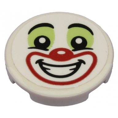 white tile round 2 x 2 with bottom stud holder with clown face with yellowish green eye shadow and red nose and mouth pattern sticker - set 70432