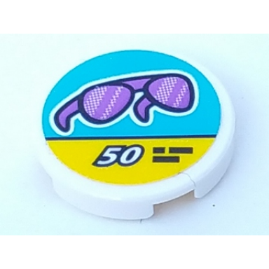 white tile round 2 x 2 with bottom stud holder with trans-purple sunglasses and 50 on medium azure and yellow sign pattern sticker - set 41315