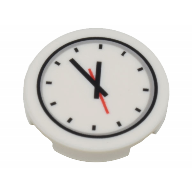 white tile round 2 x 2 with bottom stud holder with clock and red and black hands pattern