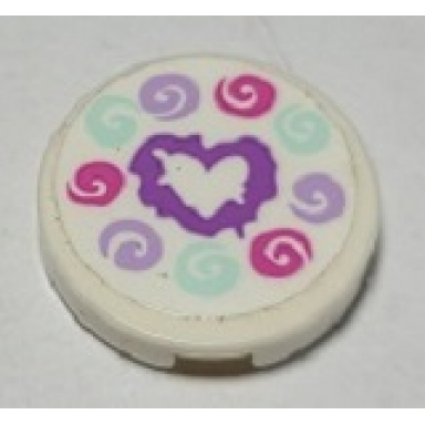 white tile round 2 x 2 with bottom stud holder with medium lavender heart and dark pink light aqua and lavender swirls pattern sticker - set 41336