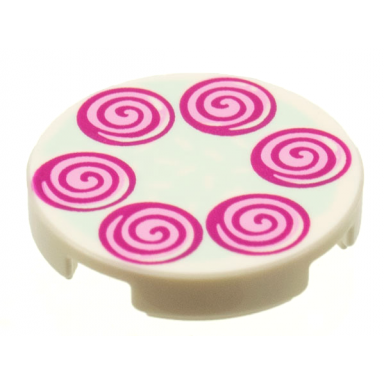 white tile round 2 x 2 with bottom stud holder with 6 magenta spirals pattern