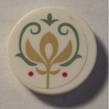 white tile round 2 x 2 with bottom stud holder with gold crest and sand green scrollwork pattern sticker - set 41068