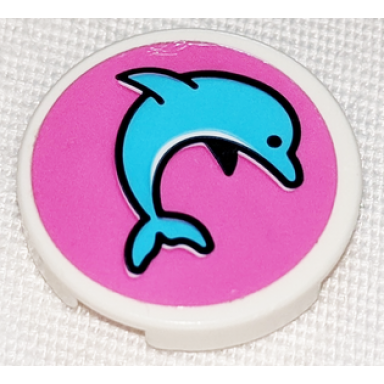white tile round 2 x 2 with bottom stud holder with medium azure jumping dolphin on dark pink background pattern model right side sticker - set 41347