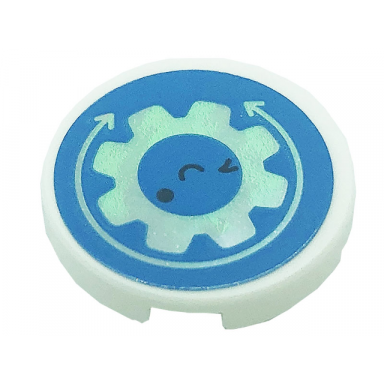 white tile round 2 x 2 with bottom stud holder with arrows tooth gear eyes and smile on dark azure background pattern sticker - set 41366