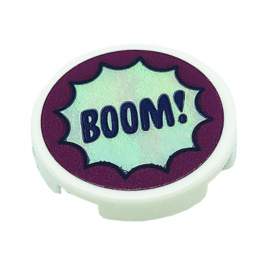 white tile round 2 x 2 with bottom stud holder with boom! in silver starburst on magenta background pattern sticker - set 41685