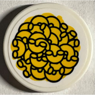 white tile round 2 x 2 with bottom stud holder with yellow macaroni cheese pattern sticker - set 21330
