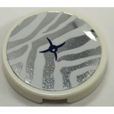 white tile round 2 x 2 with bottom stud holder with cushion with white tiger stripes and black button on silver mirrored background pattern sticker - set 41341