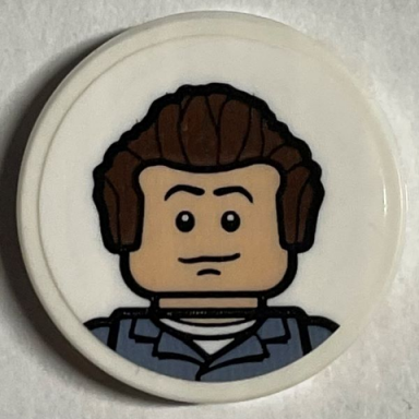 white tile round 2 x 2 with bottom stud holder with minifigure portrait with dark brown hair and sand blue jacket pattern sticker - set 21330