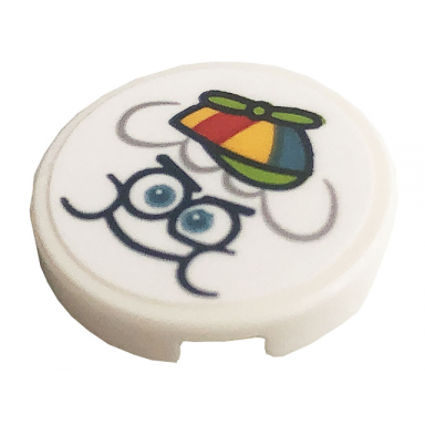 white tile round 2 x 2 with bottom stud holder with face and propeller hat pattern sticker - set 41256