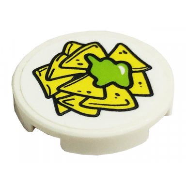 white tile round 2 x 2 with bottom stud holder with yellow corn chips and lime guacamole pattern sticker - set 41701
