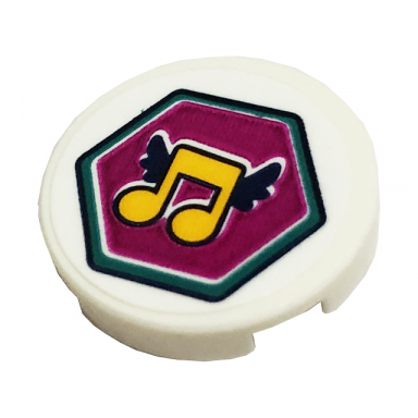 white tile round 2 x 2 with bottom stud holder with bright light orange music notes with black wings in magenta hexagon pattern sticker - sets 41368 41449