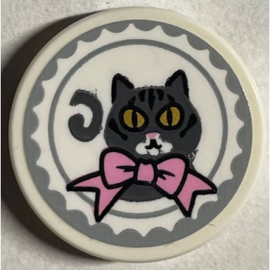 white tile round 2 x 2 with bottom stud holder with dark bluish gray cat with gold eyes and bright pink bow pattern sticker - set 76403