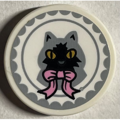 white tile round 2 x 2 with bottom stud holder with light bluish gray cat with gold eyes and bright pink bow pattern sticker - set 76403