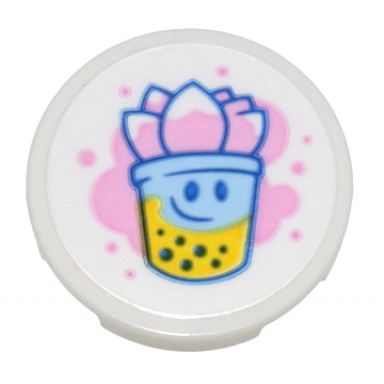 white tile round 2 x 2 with bottom stud holder with bright pink bright light blue and yellow bubble tea pattern sticker - set 80036