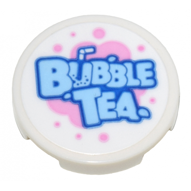 white tile round 2 x 2 with bottom stud holder with bright light blue bubble tea on bright pink bubbles pattern sticker - set 80036