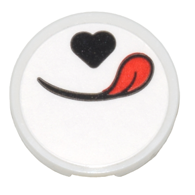 white tile round 2 x 2 with bottom stud holder with black heart and smile with red tongue pattern sticker - set 80036