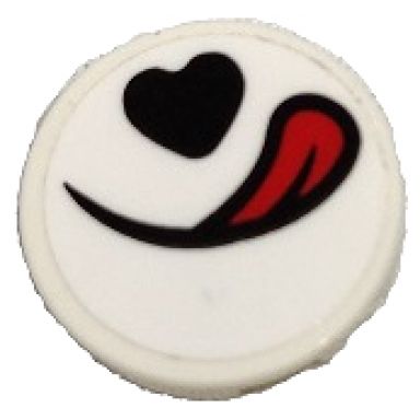 white tile round 2 x 2 with bottom stud holder with black mouth heart shaped nose and red tongue pattern sticker - set 80011