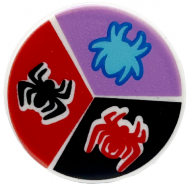 white tile round 2 x 2 with bottom stud holder with red black and medium azure spiders on black red and medium lavender background pattern
