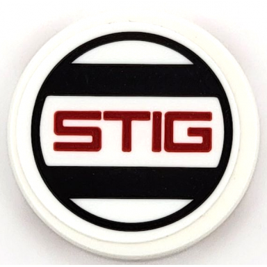 white tile round 2 x 2 with bottom stud holder with red stig black stripes and circle pattern sticker - set 42109