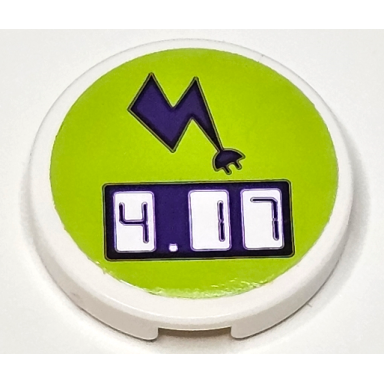 white tile round 2 x 2 with bottom stud holder with dark purple electric charging point lightning bolt and digital 4.17 on lime background pattern sticker - set 41350