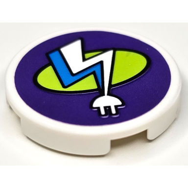 white tile round 2 x 2 with bottom stud holder with dark azure and white electric charging point lightning bolt and lime oval on dark purple background pattern sticker - set 41350