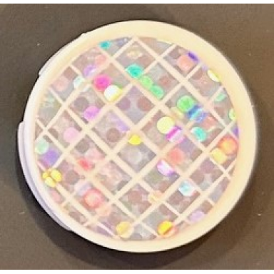 white tile round 2 x 2 with bottom stud holder with white grid on silver holographic glitter background pattern sticker - set 41255