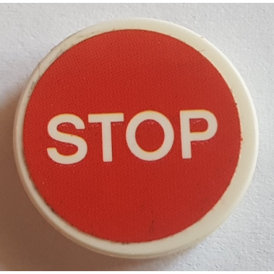 white tile round 2 x 2 with bottom stud holder with stop on red background pattern sticker - set 75883