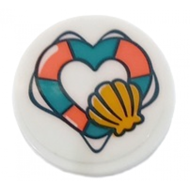 white tile round 2 x 2 with bottom stud holder with dark blue and coral heart shape life preserver and orange shell sticker - set 41413