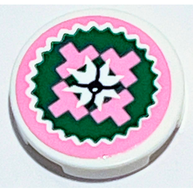 white tile round 2 x 2 with bottom stud holder with cushion with star bright pink t-shapes and black button on green background pattern sticker - set 41702