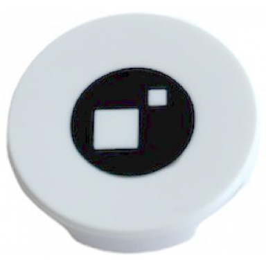 white tile round 2 x 2 with bottom stud holder with 2 white squares on black circle pattern brickheadz anxiety kevin eye