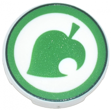 white tile round 2 x 2 with bottom stud holder with bright green leaf with circle cutout and dark green border pattern animal crossing new leaf logo