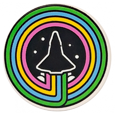 white tile round 2 x 2 with bottom stud holder with space shuttle smoke and dots on back background in bright green medium azure bright light orange and bright pink concentric circles pattern