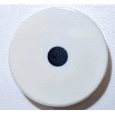 white tile round 2 x 2 with bottom stud holder with black dot eye pattern