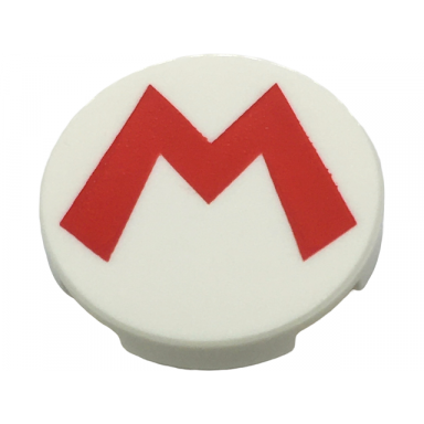 tile round 2 x 2 with bottom stud holder with super mario red capital letter m pattern