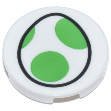 tile round 2 x 2 with bottom stud holder with yoshi egg with bright green spots and black outline pattern