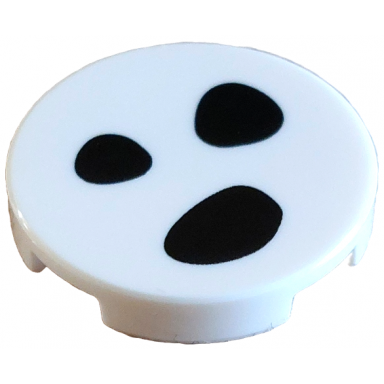 white tile round 2 x 2 with bottom stud holder with 3 black dalmatian spots pattern