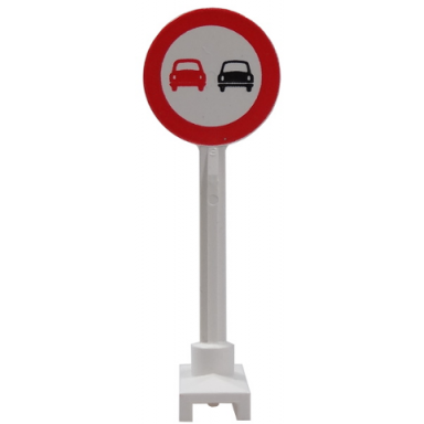 white road sign round with no overtaking pattern