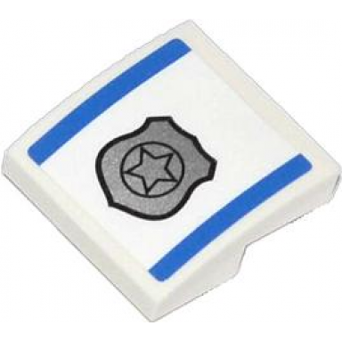 white slope curved 2 x 2 x 2 3 with 2 blue stripes and silver police badge pattern sticker - set 60042