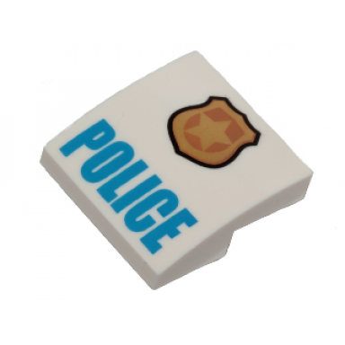 white slope curved 2 x 2 x 2 3 with gold and copper badge with star and black outline blue police pattern