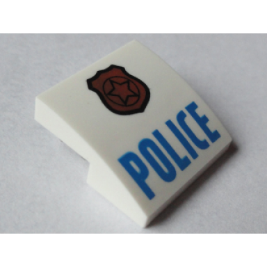 white slope curved 2 x 2 x 2 3 with copper badge with star and black outline blue police pattern