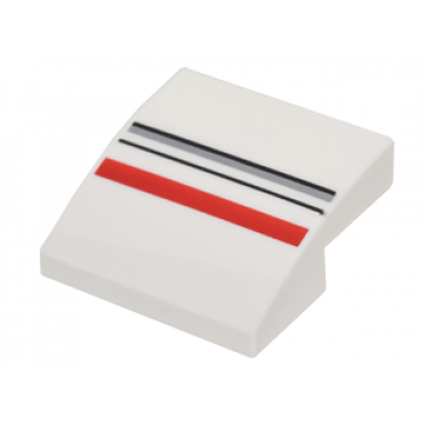 white slope curved 2 x 2 x 2 3 with red light bluish gray and black stripes pattern