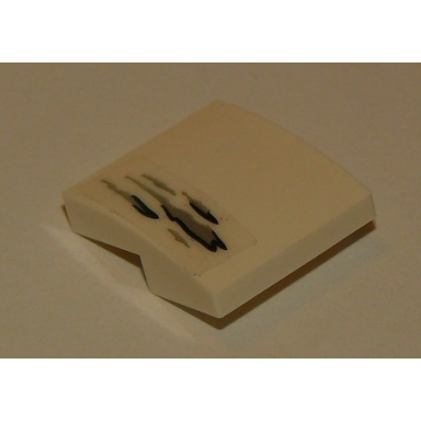 white slope curved 2 x 2 x 2 3 with small silver and black dirt pattern sticker - set 76083