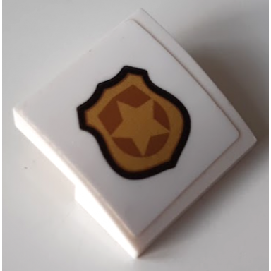 white slope curved 2 x 2 x 2 3 with gold and copper police badge pattern sticker - set 60143