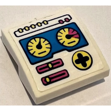 white slope curved 2 x 2 x 2 3 with control panel with buttons bright light yellow gauges dark pink sliders and directional pad pattern sticker - set 41383