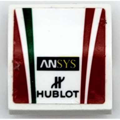 white slope curved 2 x 2 x 2 3 with black ansys and hublot red and green stripes pattern sticker - set 75889